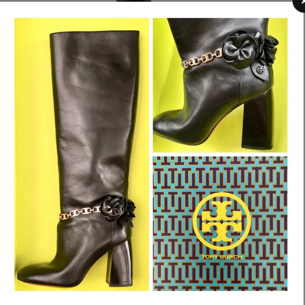 Tory Burch Blossom black Reva Knee High Boots